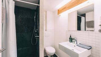 Une salle de bain équipée d’une douche, de toilettes, d’un lavabo et d’un miroir.