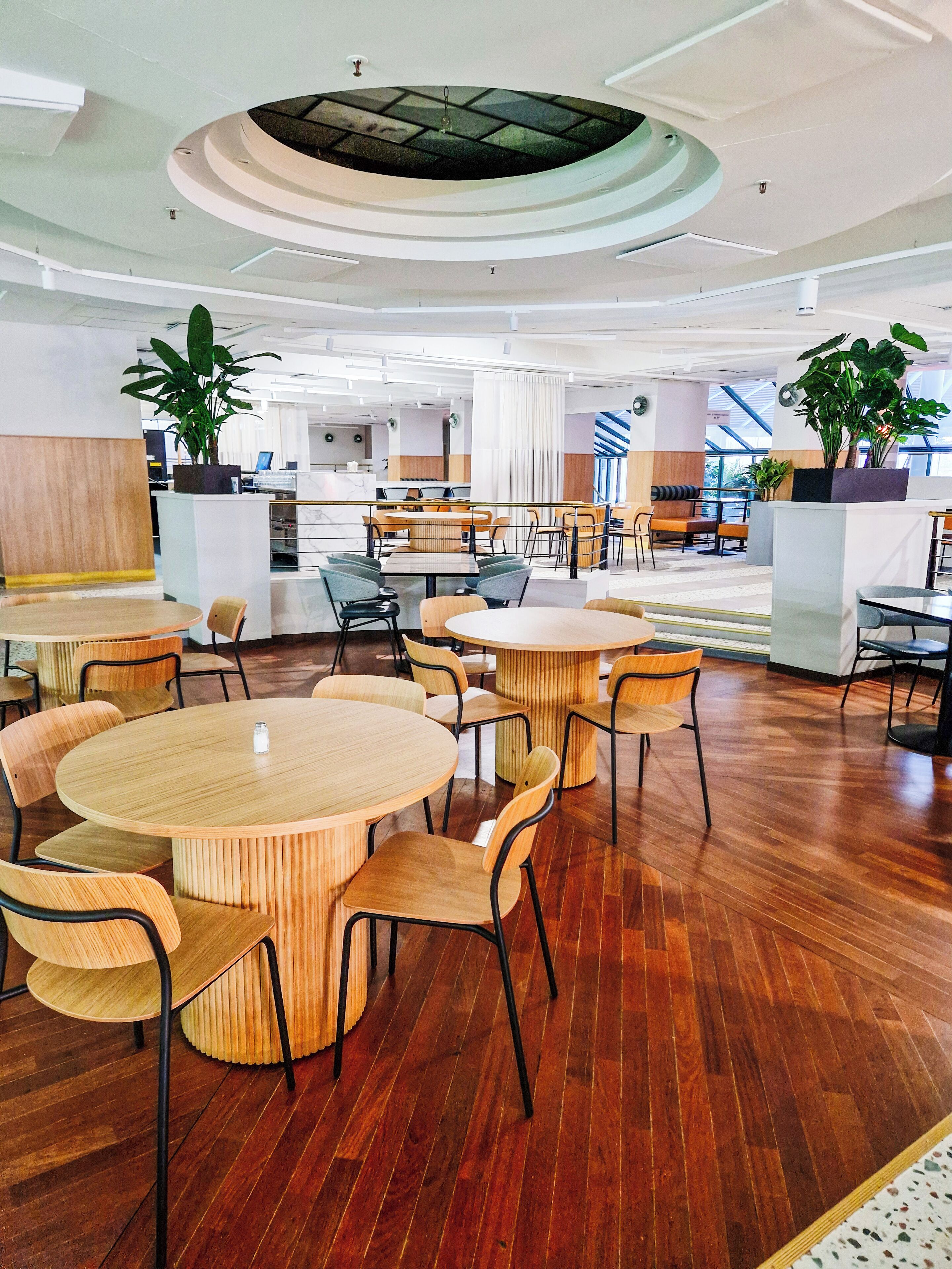 A modern interior with round tables and chairs, wooden flooring, and potted plants.