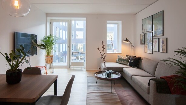 Een moderne woonkamer met een bank, salontafel en eettafel. Er staan potplanten, een televisie en er hangt kunst aan de muren.