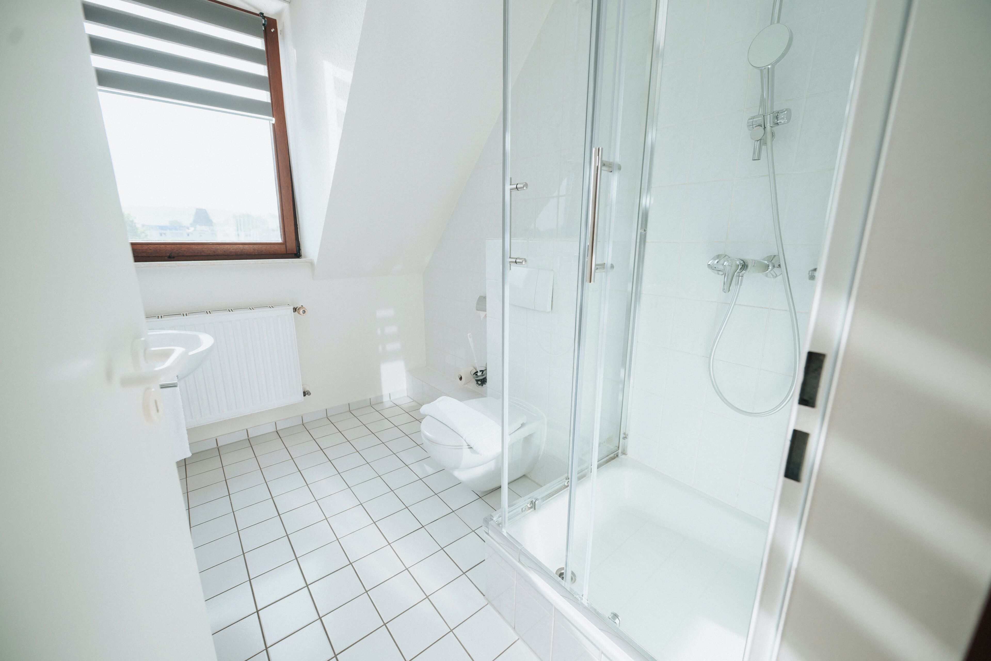 A modern bathroom with a glass shower enclosure, a toilet, and a sink.