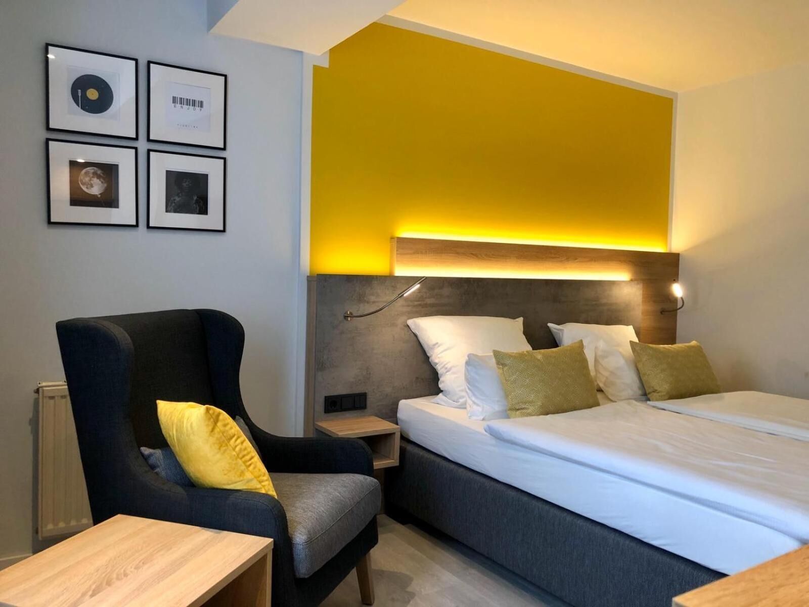 desk, laptop workspace, blackout curtains, iron/ironing board