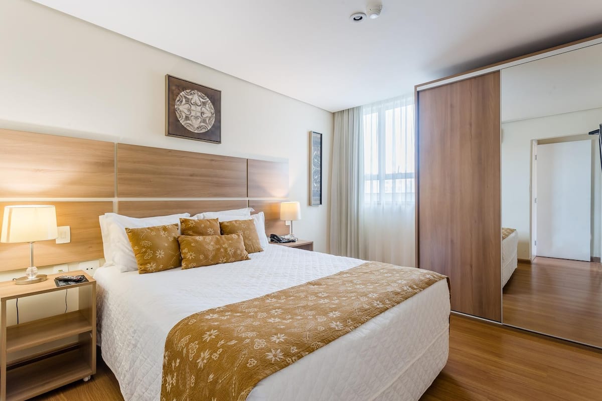 1 bedroom, laptop workspace, blackout curtains, soundproofing