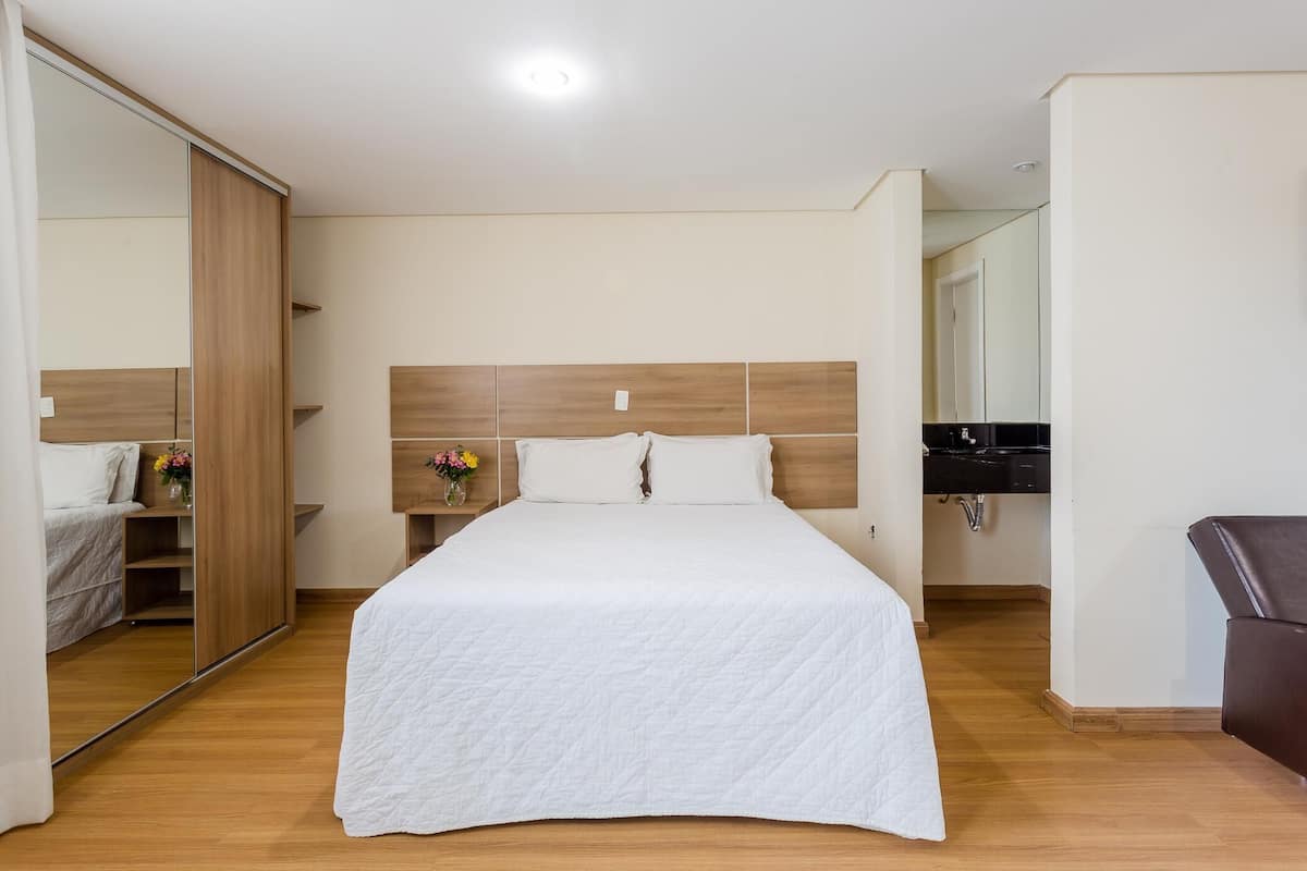 1 bedroom, laptop workspace, blackout curtains, soundproofing