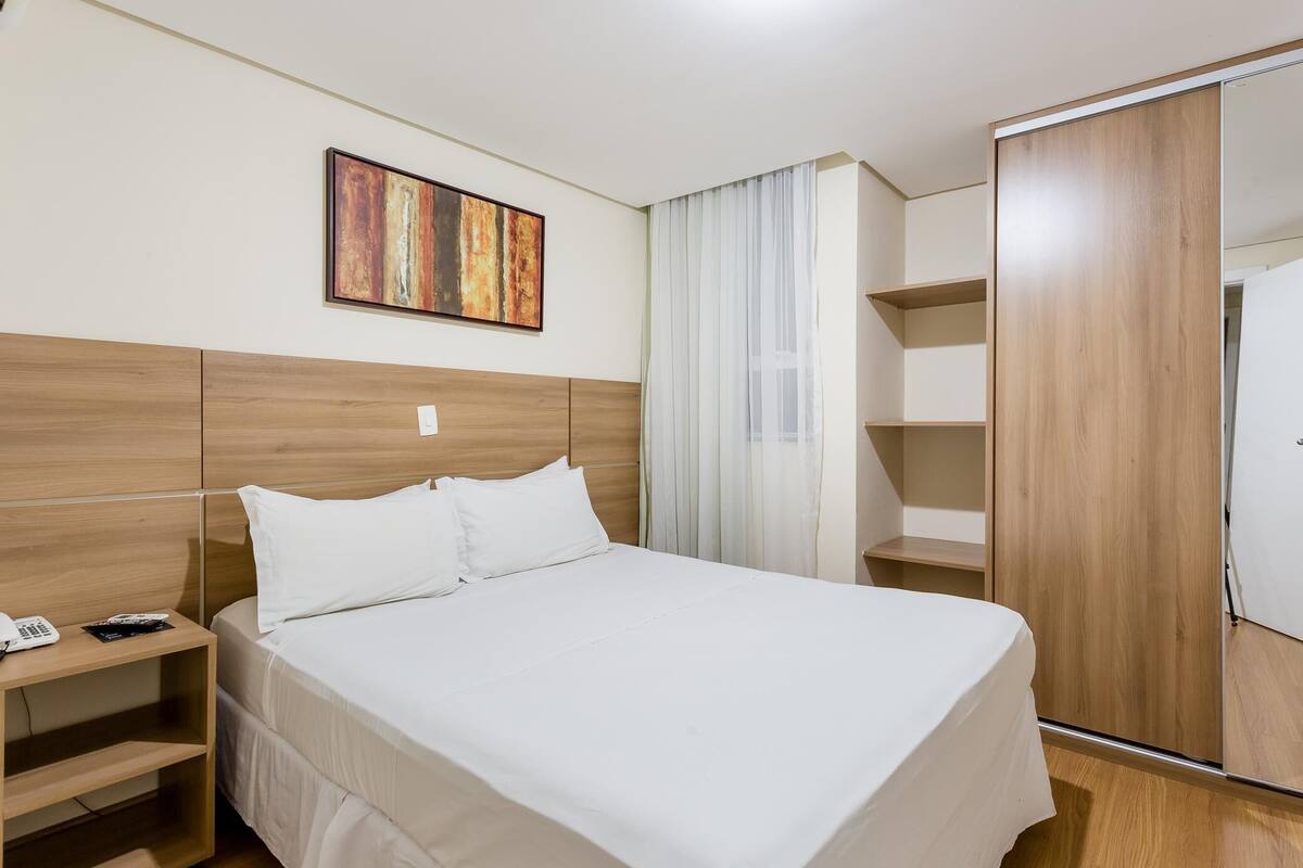 Laptop workspace, blackout curtains, soundproofing, free WiFi