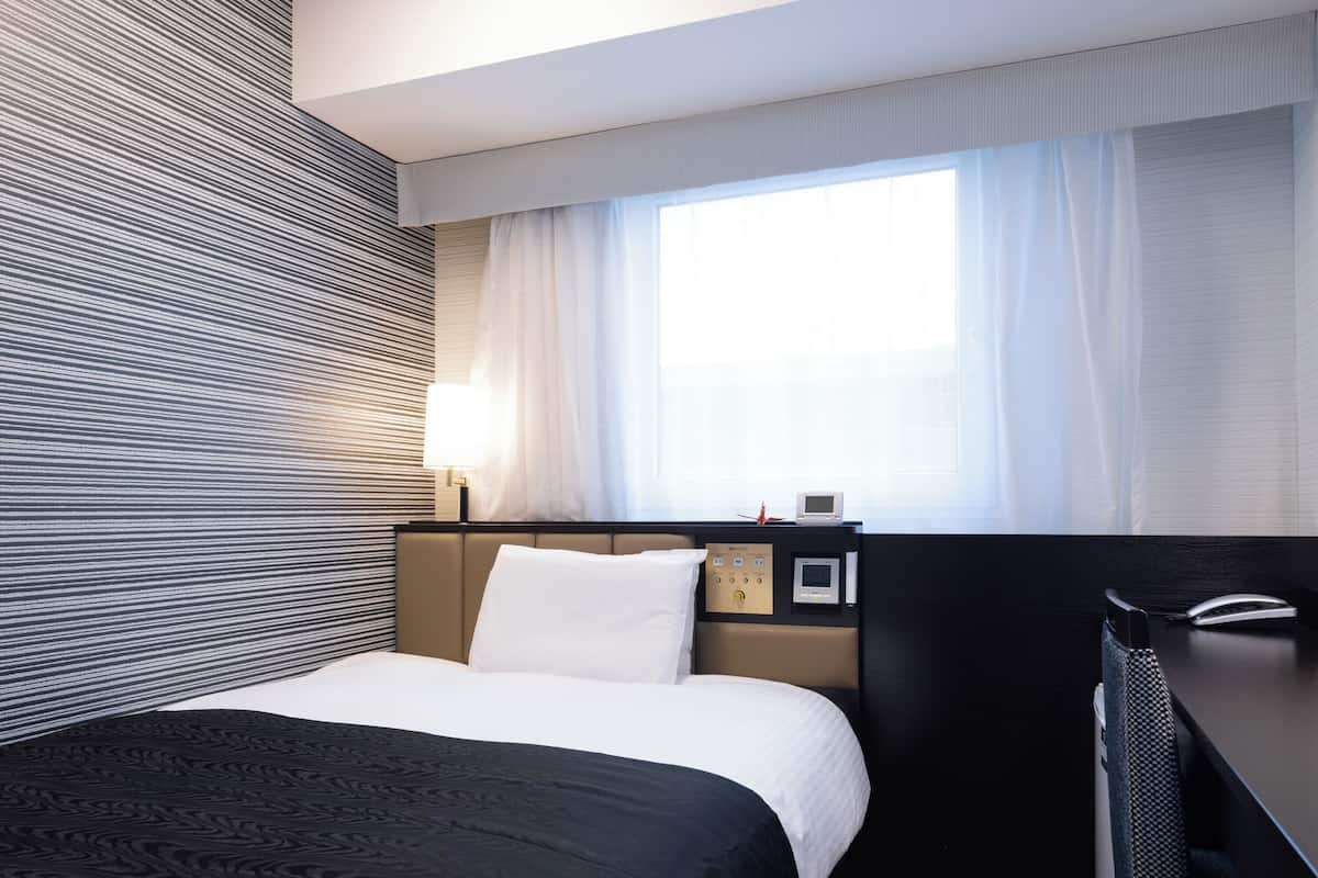 Down comforters, desk, laptop workspace, blackout drapes