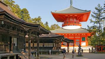 Ein traditioneller japanischer Tempel mit einer großen, roten Pagode und einem Holzgebäude mit geschwungener Dachform.