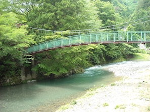Spanning a serene river, this sturdy bridge connects to a lush, natural setting.