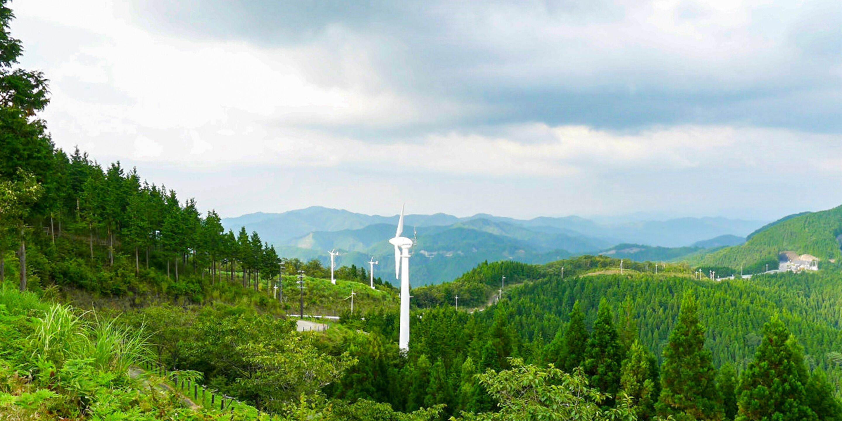 A mountainous landscape with wind turbines and dense forest.
