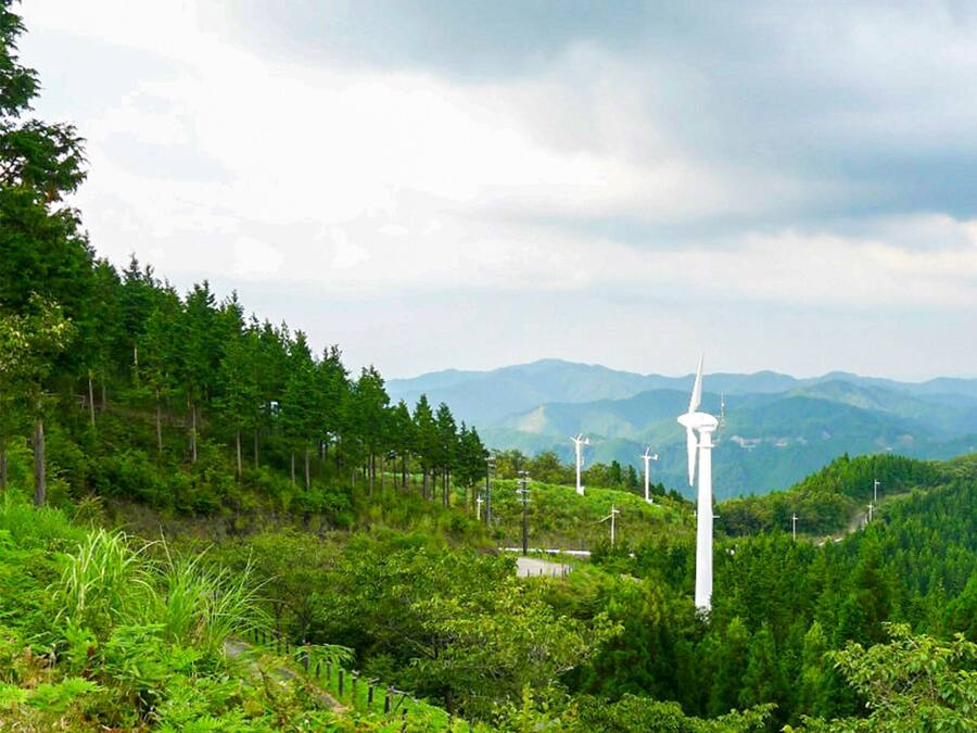 A mountainous landscape with wind turbines and dense forest.