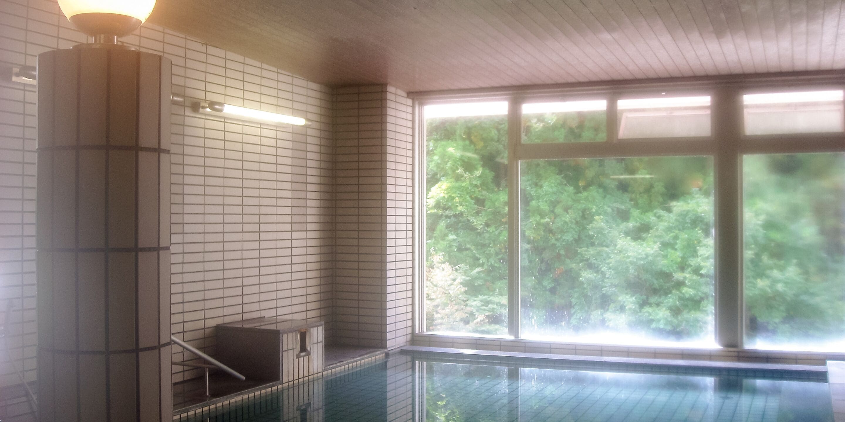 A swimming pool with tiled walls and a window providing a view of greenery.