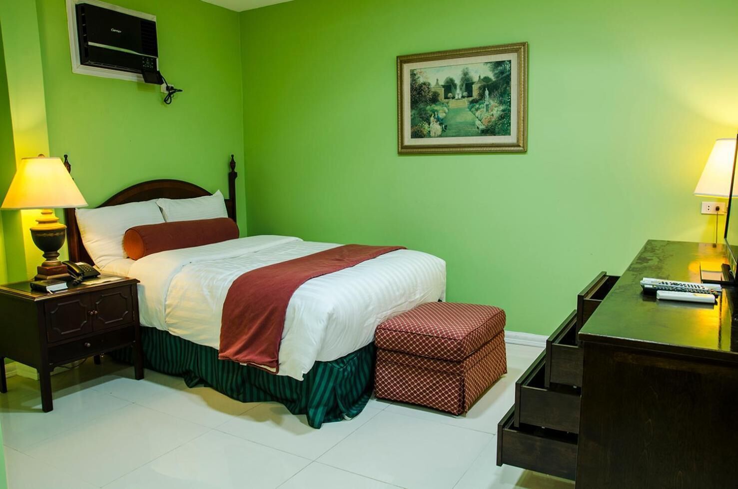 desk, iron/ironing board, bed sheets