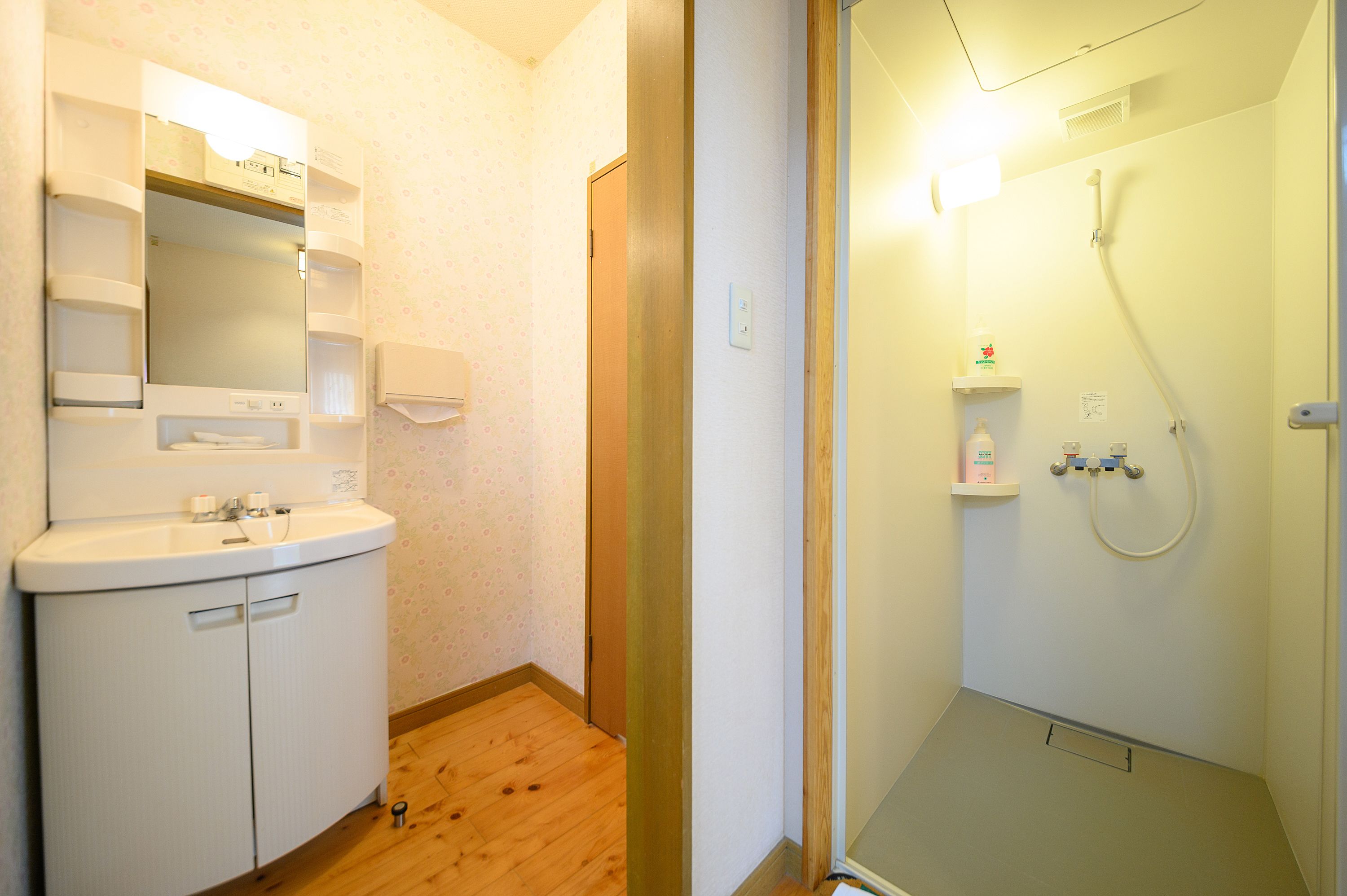 A bathroom with a white sink, mirror, and shower.