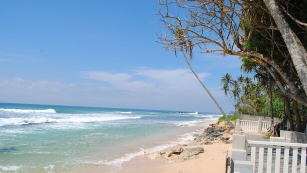 Uma praia com céu claro, areal arenoso e cerca branca.