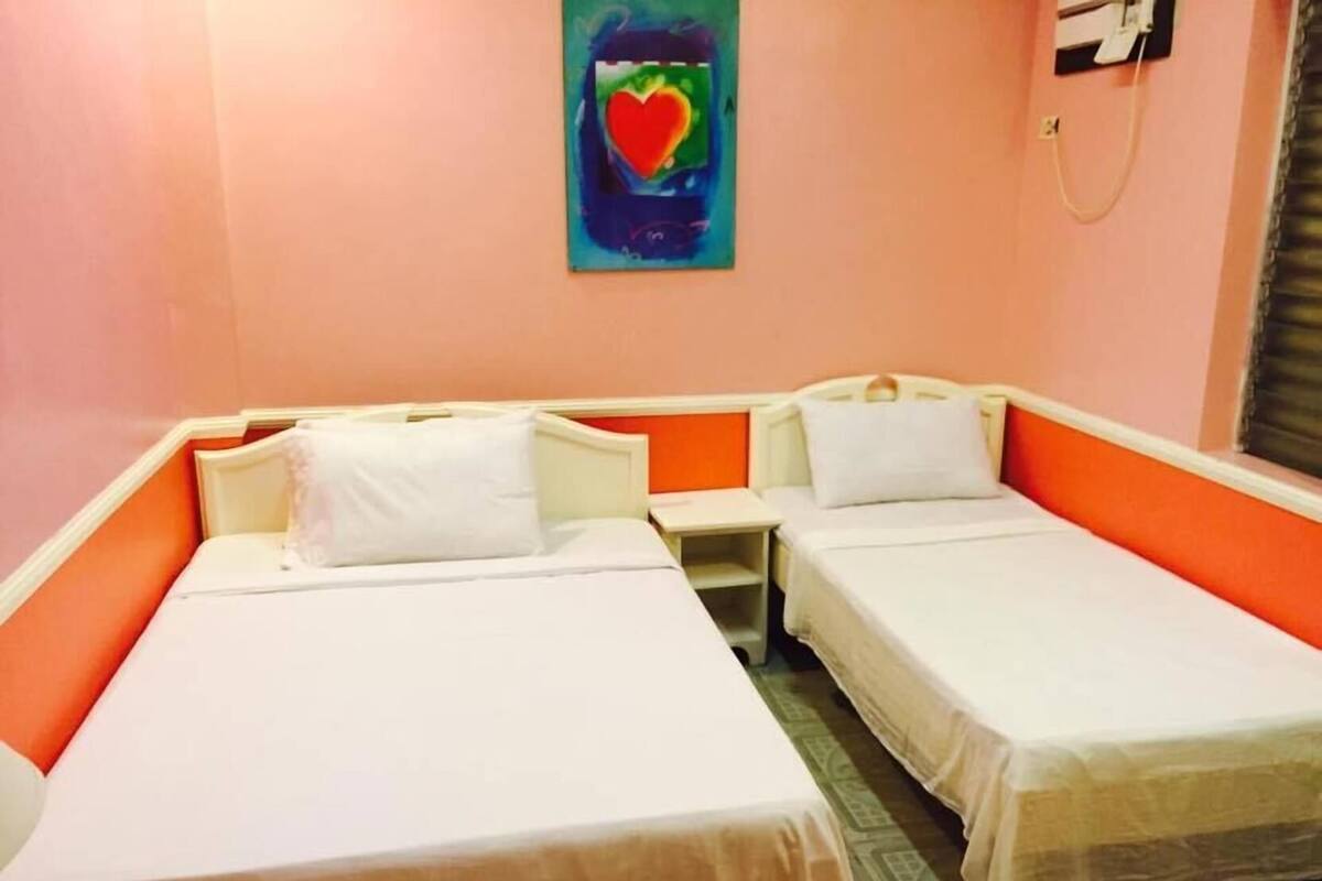 A room with two single beds, a bedside table, a wall-mounted telephone, and a painting.