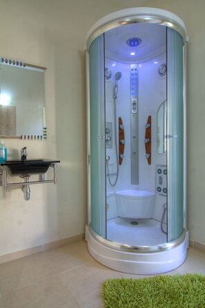 Bañera con ducha, secador de pelo, toallas, shampoo