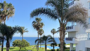 A view of a pool area with palm trees and a clear blue sky.