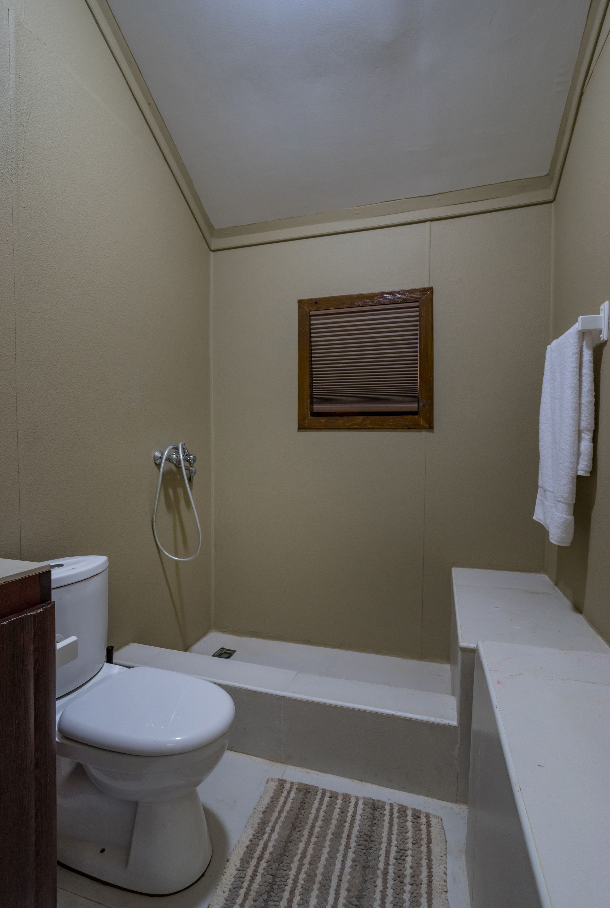 A small, compact bathroom with a toilet, shower, and sink.