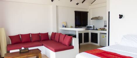 Fridge, microwave, stovetop, coffee/tea maker