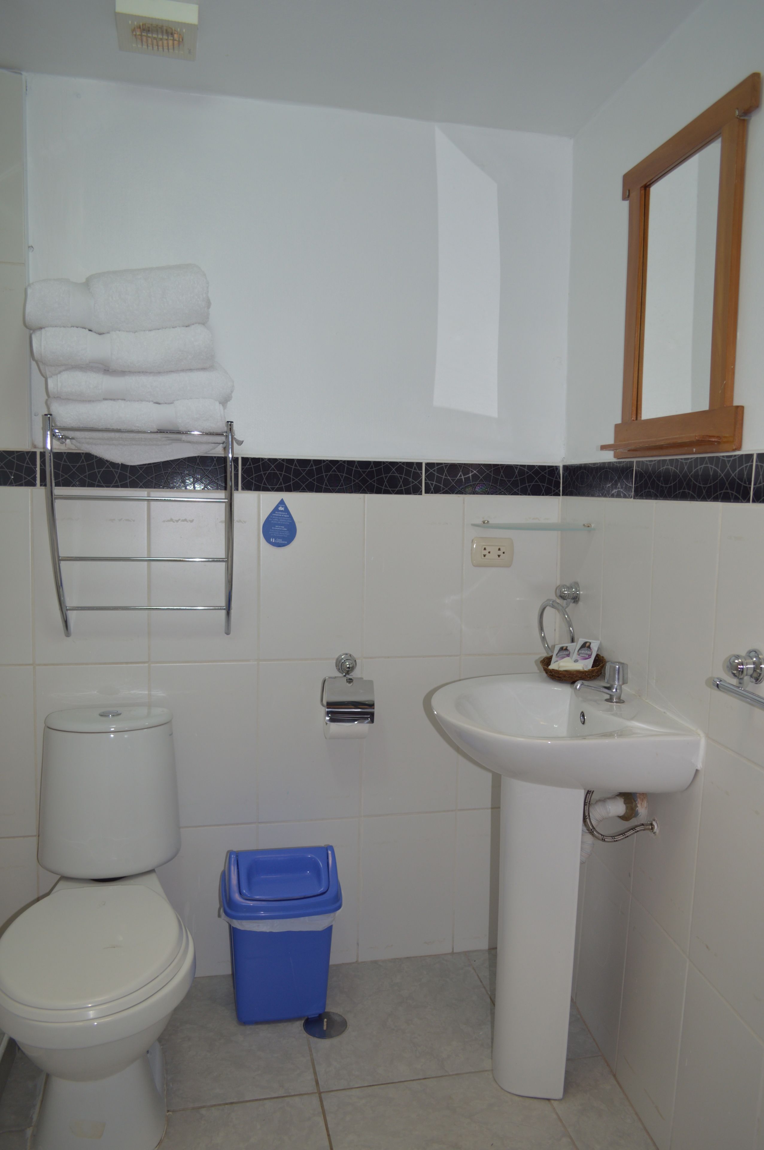 A bathroom with a toilet, sink, towel rack, and a blue trash bin.