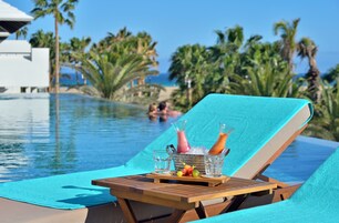 Outdoor pool, pool umbrellas, sun loungers