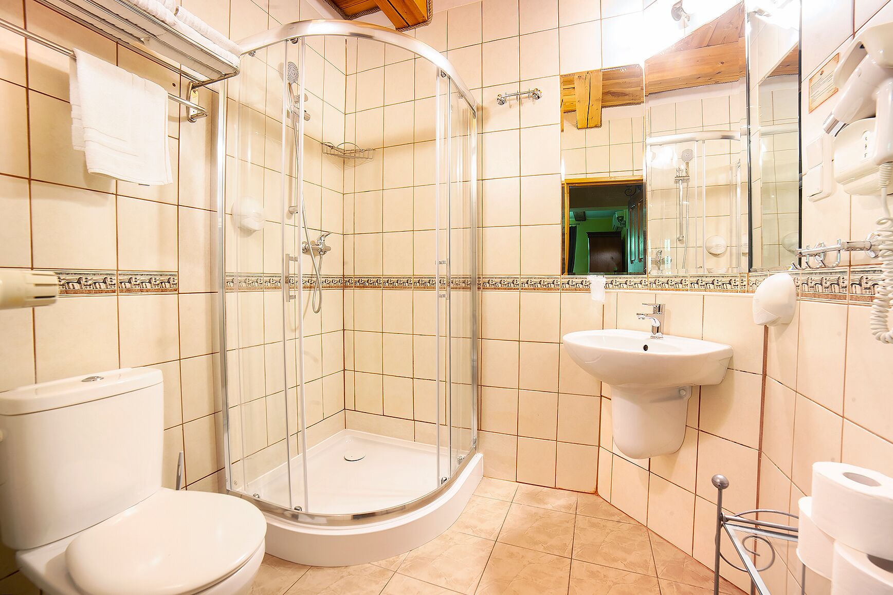 A bathroom with a glass-enclosed shower, a toilet, and a sink.