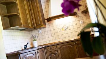 Una cocina con armarios de madera, salpicadero de azulejos y una planta en maceta.