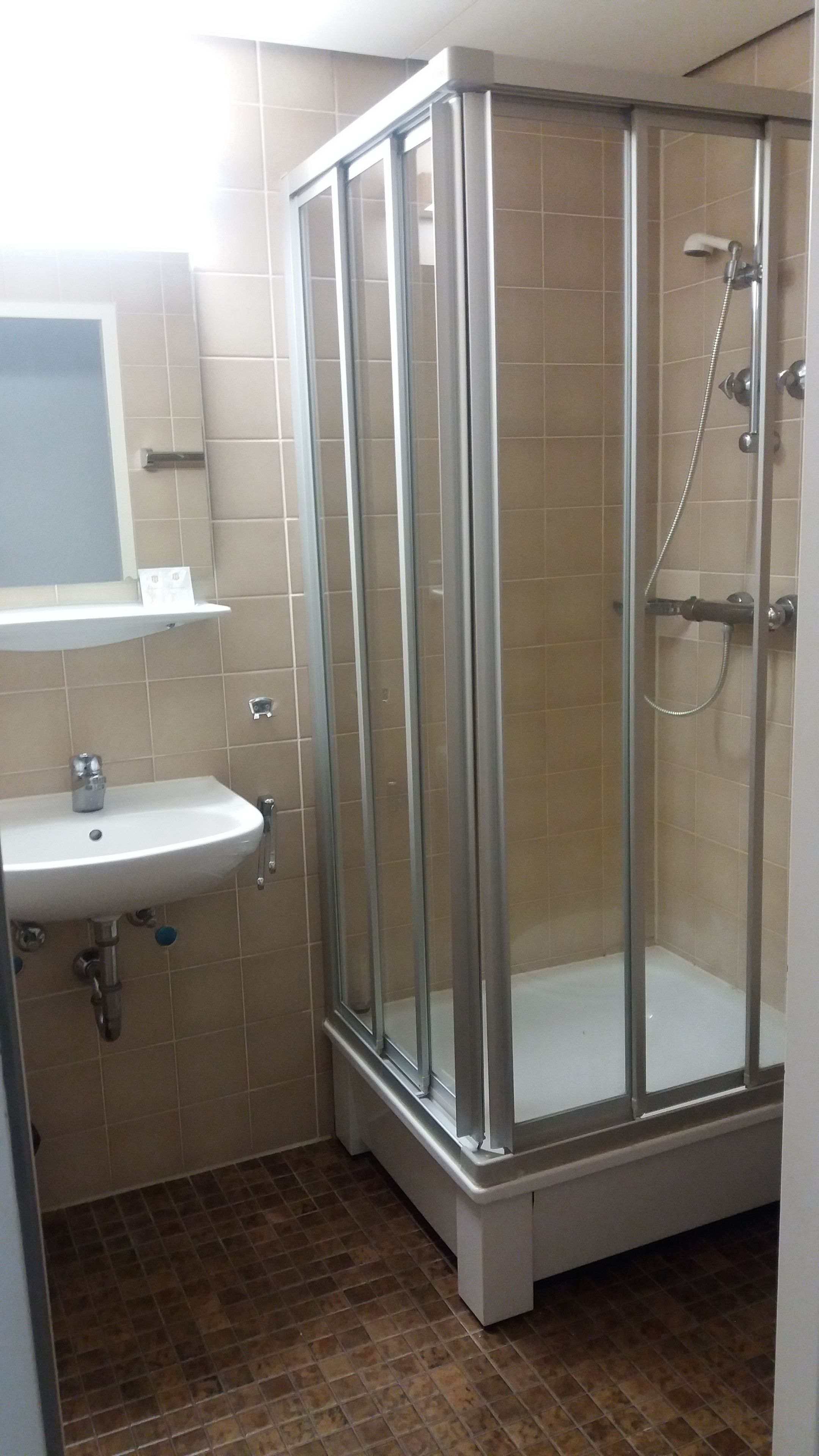 A bathroom with a glass-enclosed shower, a sink, and a mirror above the sink.