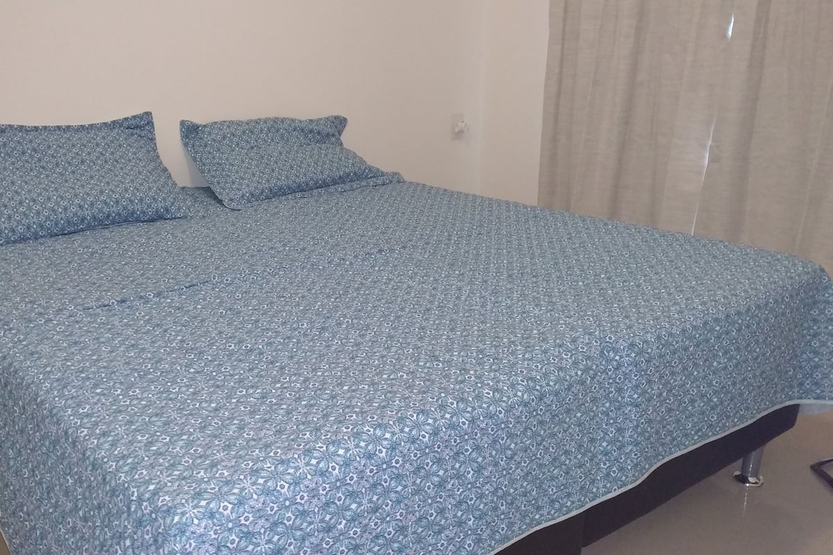 A bed with a patterned blue bedspread and two pillows.