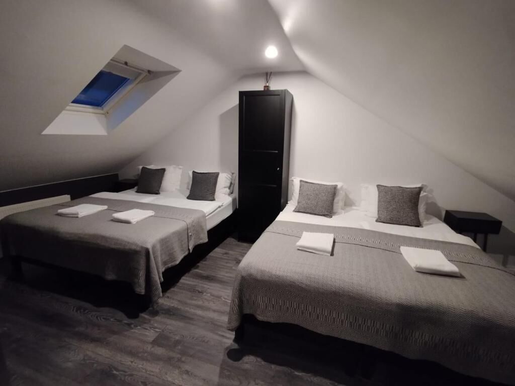 A small, dimly lit room with two beds, a skylight, and a wardrobe.