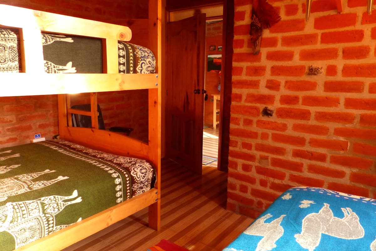 A room with a bunk bed, a wooden door, and a brick wall.