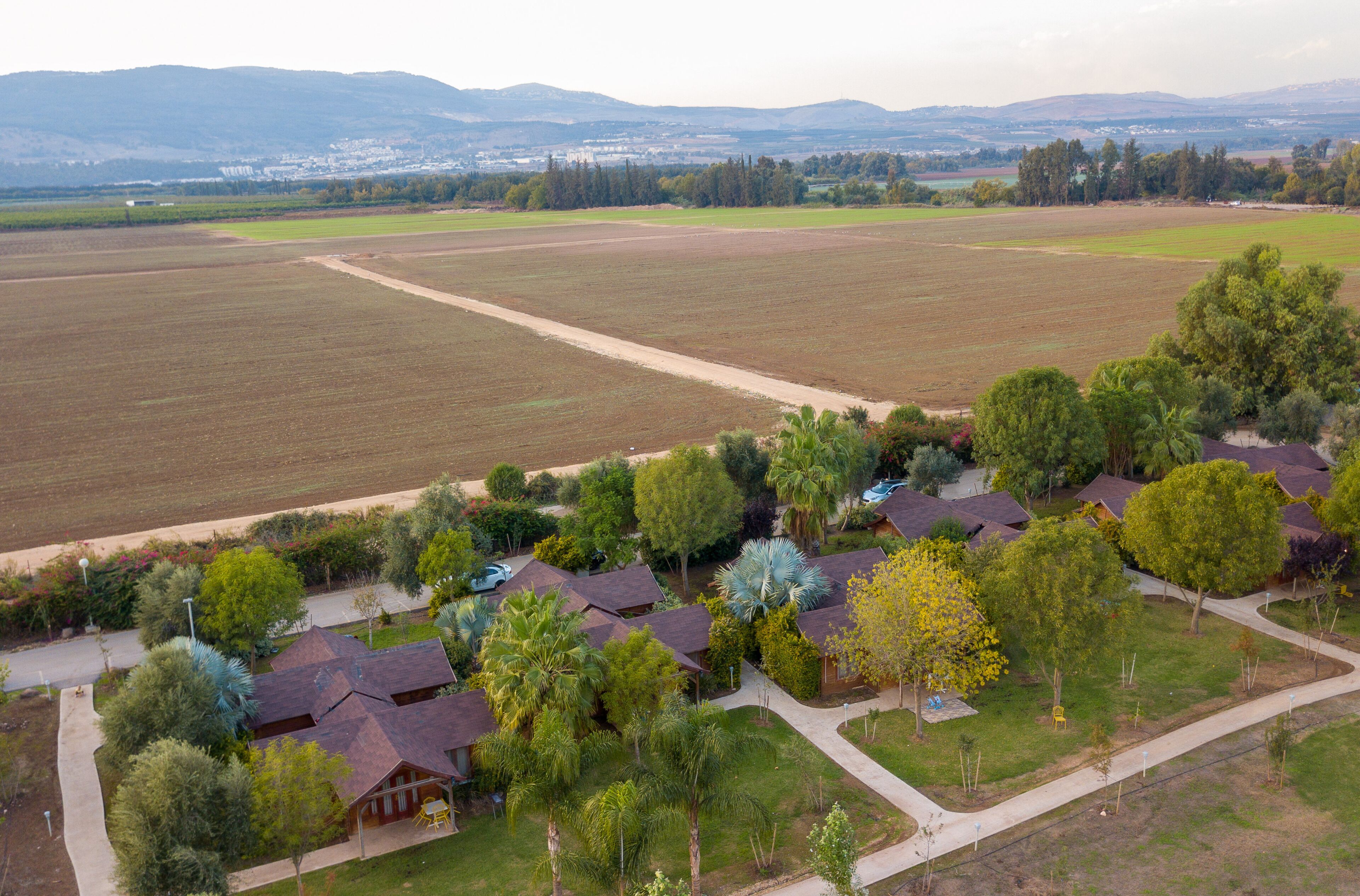 A residential area with houses, a large open field, and a mountain in the background.