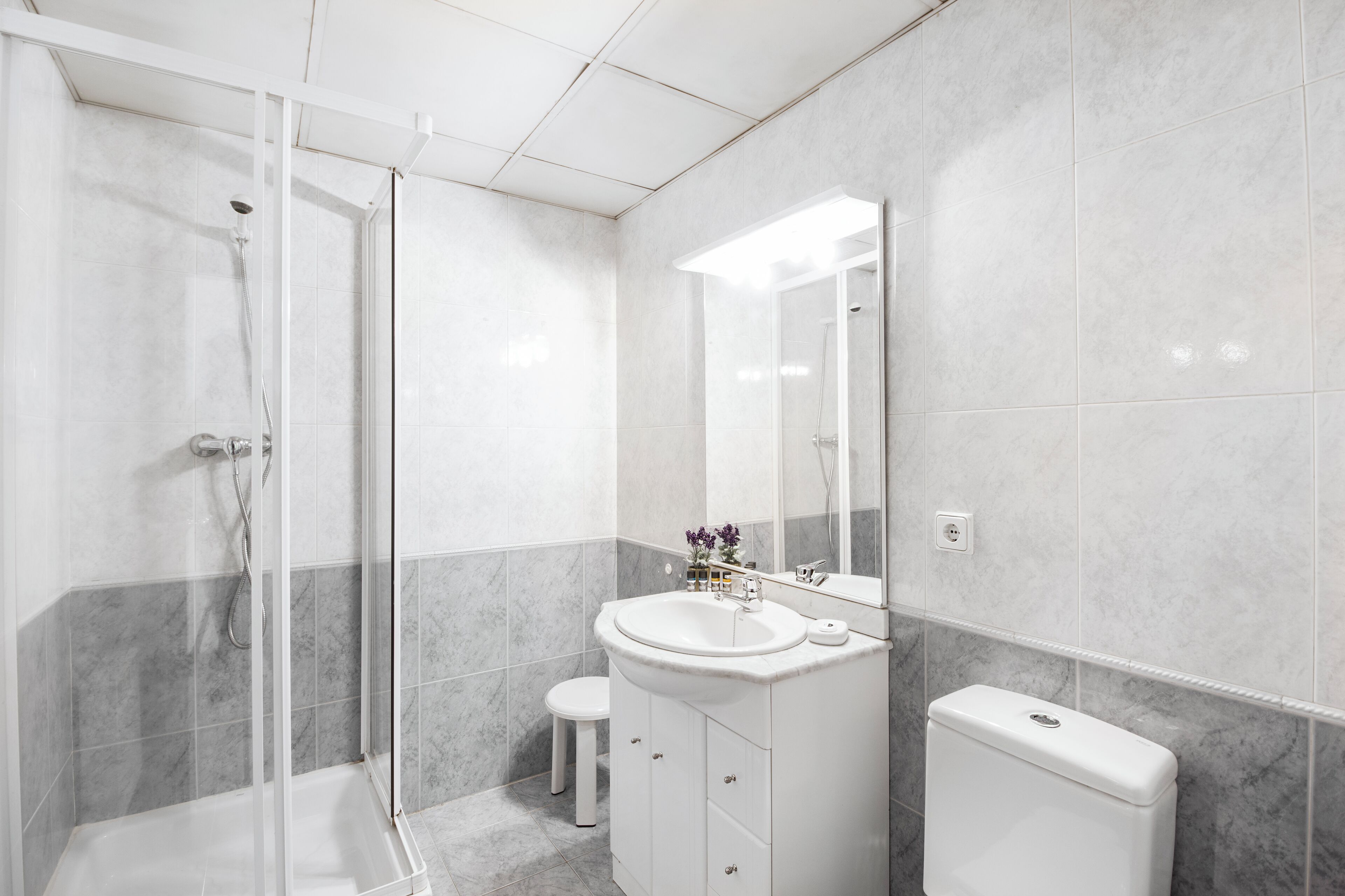 Un baño con ducha separada por mampara de cristal, un lavamanos blanco y un inodoro.