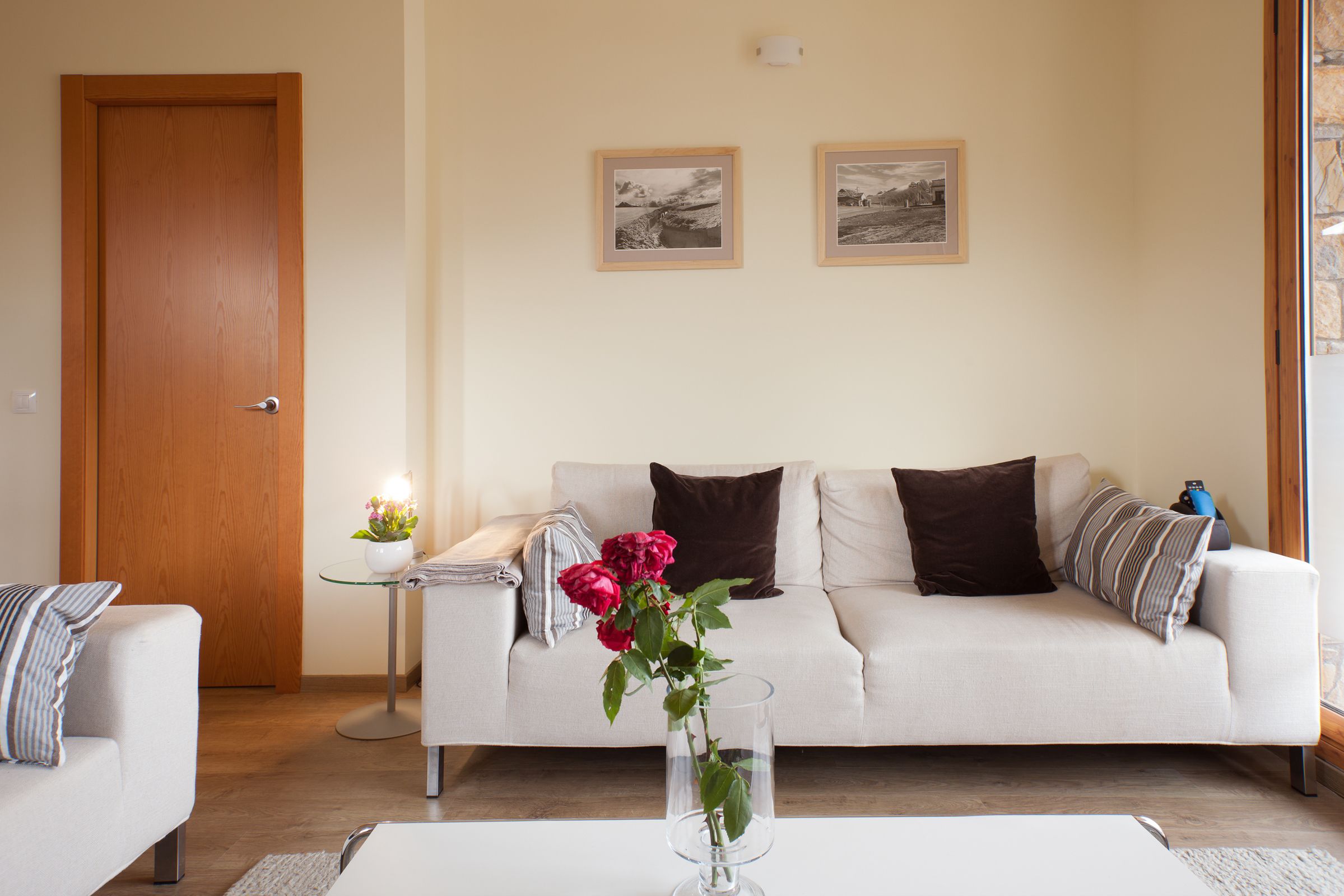 A living room with a sofa, a coffee table, and a vase with flowers. There are two framed pictures on the wall and a door in the background.