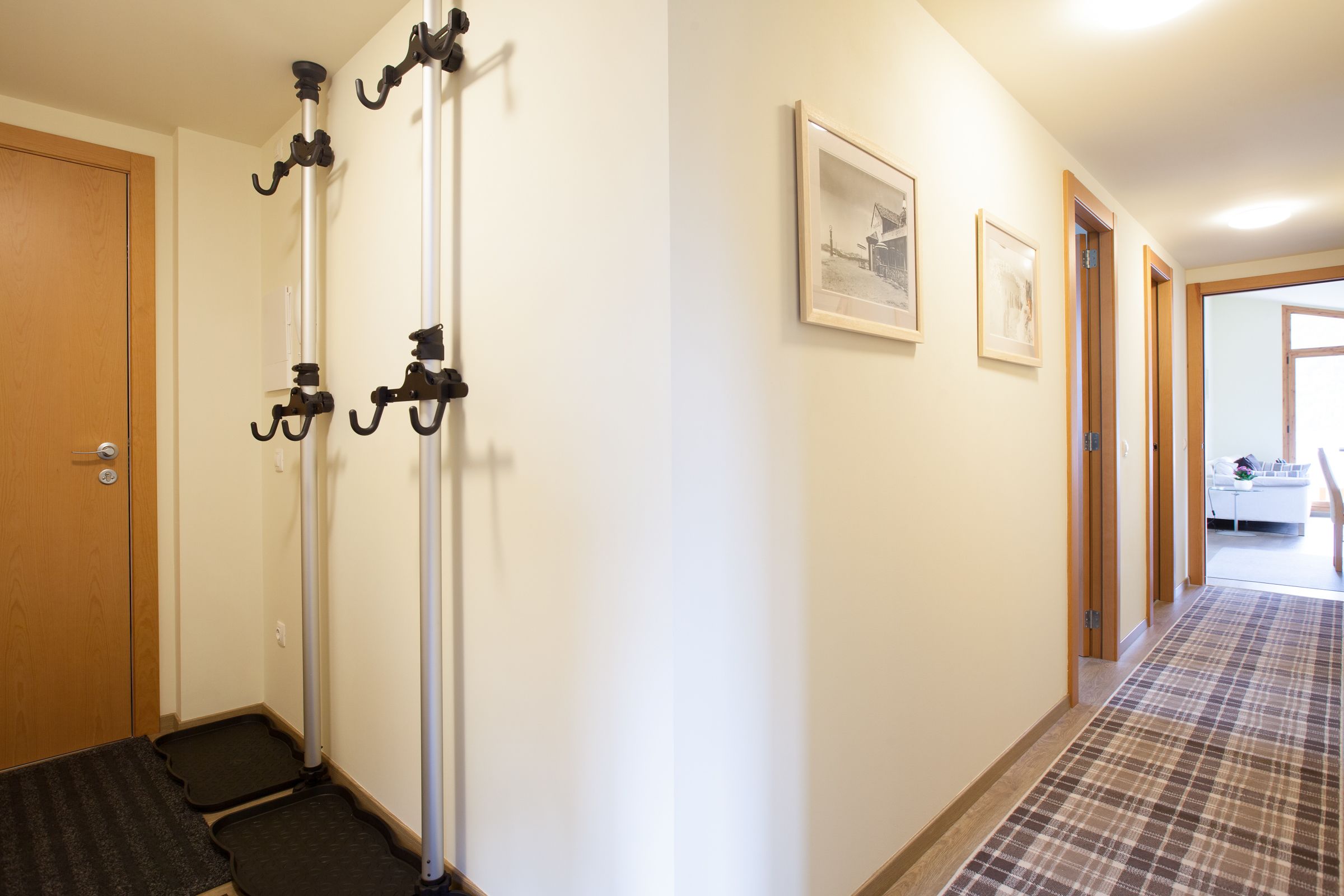 A hallway with a wooden door, a coat rack, a framed picture, and a patterned carpet.