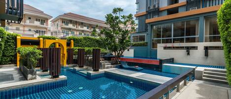 Outdoor pool, pool umbrellas, pool loungers