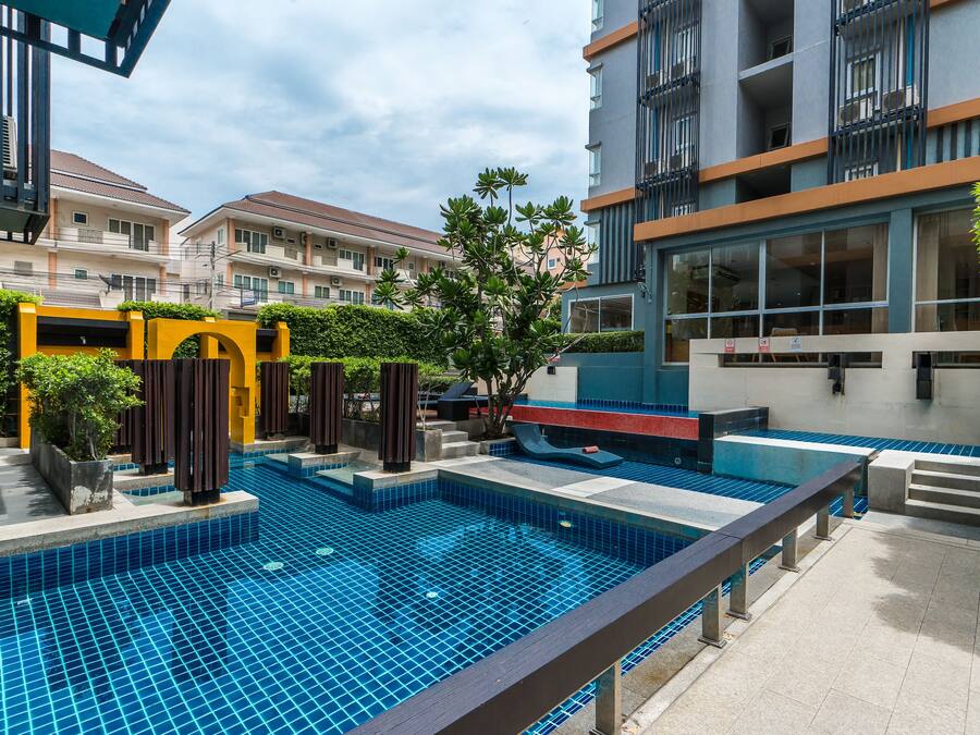 Outdoor pool, pool umbrellas, pool loungers