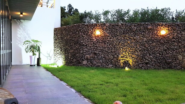 Un mur de pierres avec deux lampes, une plante en pot et un chemin.