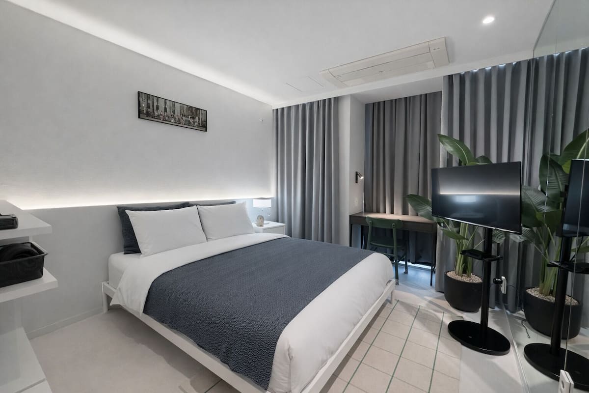A modern hotel room with a neatly made bed, a desk with a chair, a flat-screen TV, and a potted plant.