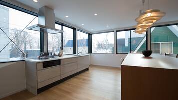 Fridge, microwave, stovetop, coffee/tea maker