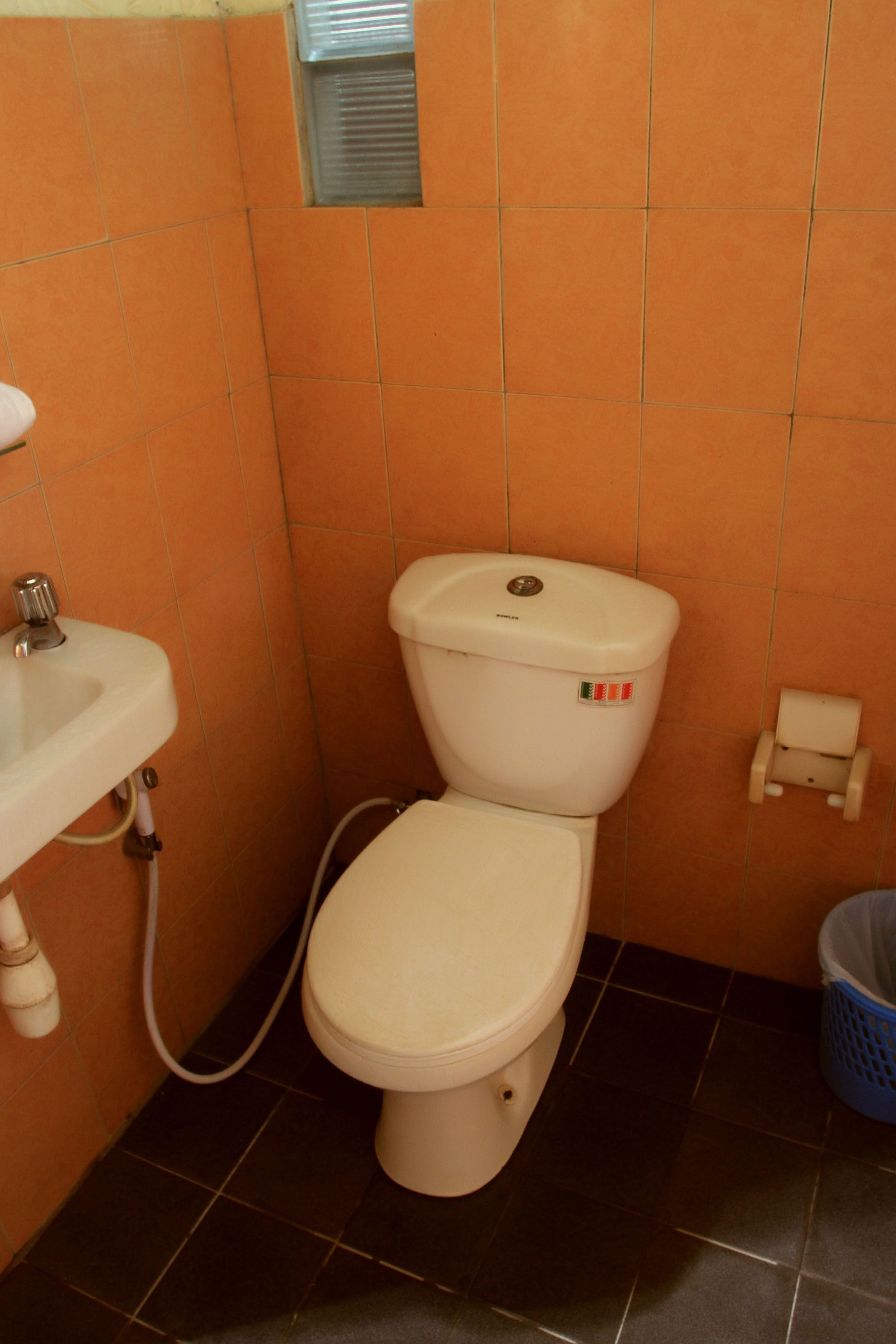Une petite salle de bain avec des toilettes, un lavabo et un panier à linge bleu.