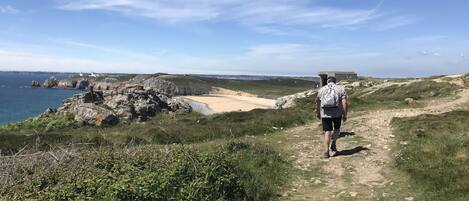 Un sendero costero con una playa arenosa y afloramientos rocosos.