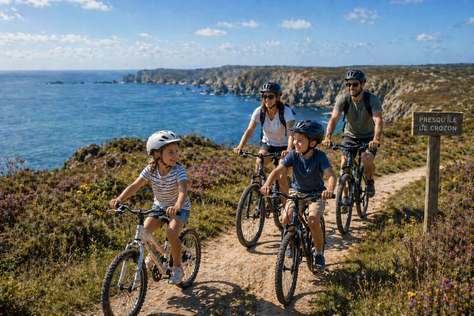 A family on a mountain bike trail with a sign reading 'Presqu'ile de Crozon'.