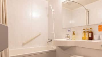 Combined shower/tub, hair dryer, slippers, bidet