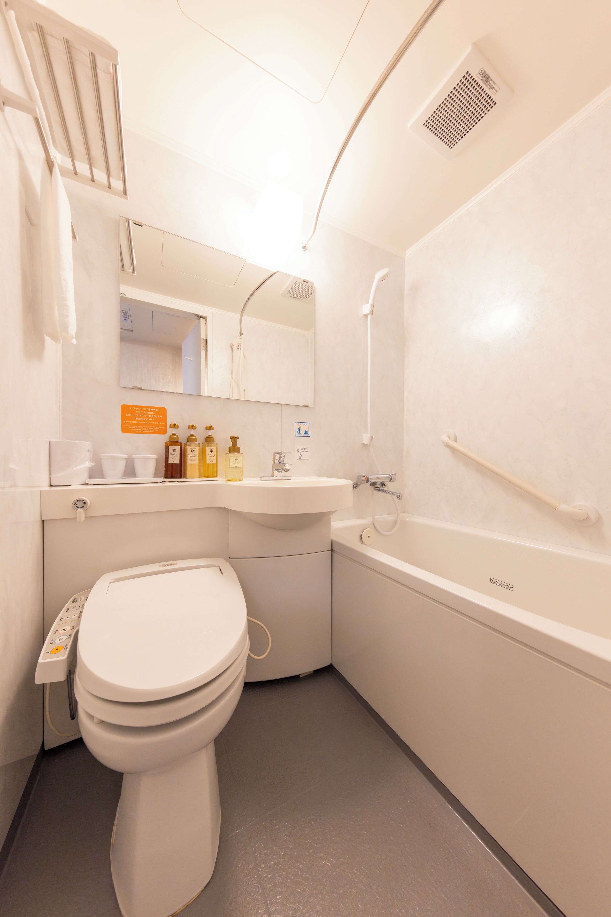 combined shower/bathtub, hair dryer, slippers, bidet