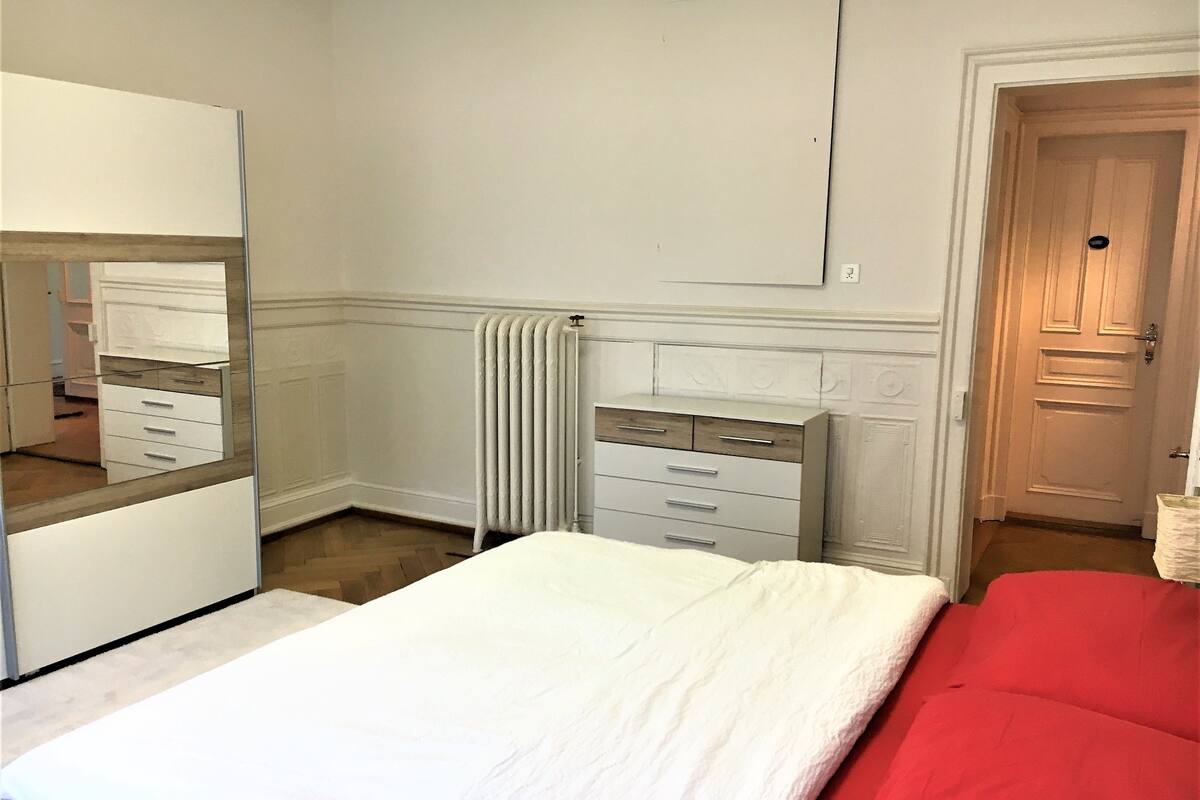 Une chambre à coucher avec un lit, une commode, un radiateur et une porte.