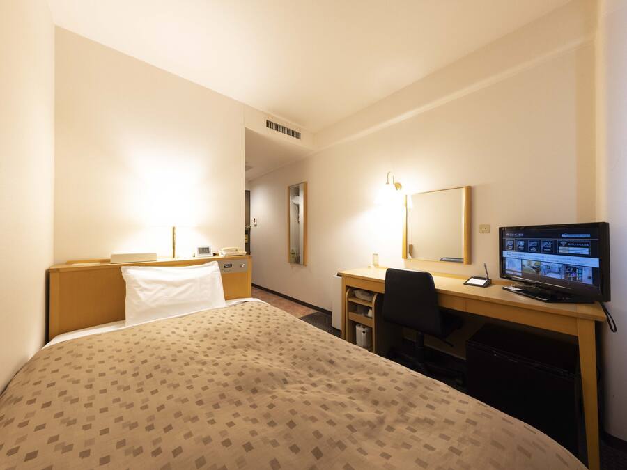 A hotel room with a bed, desk, chair, television, and a mirror.