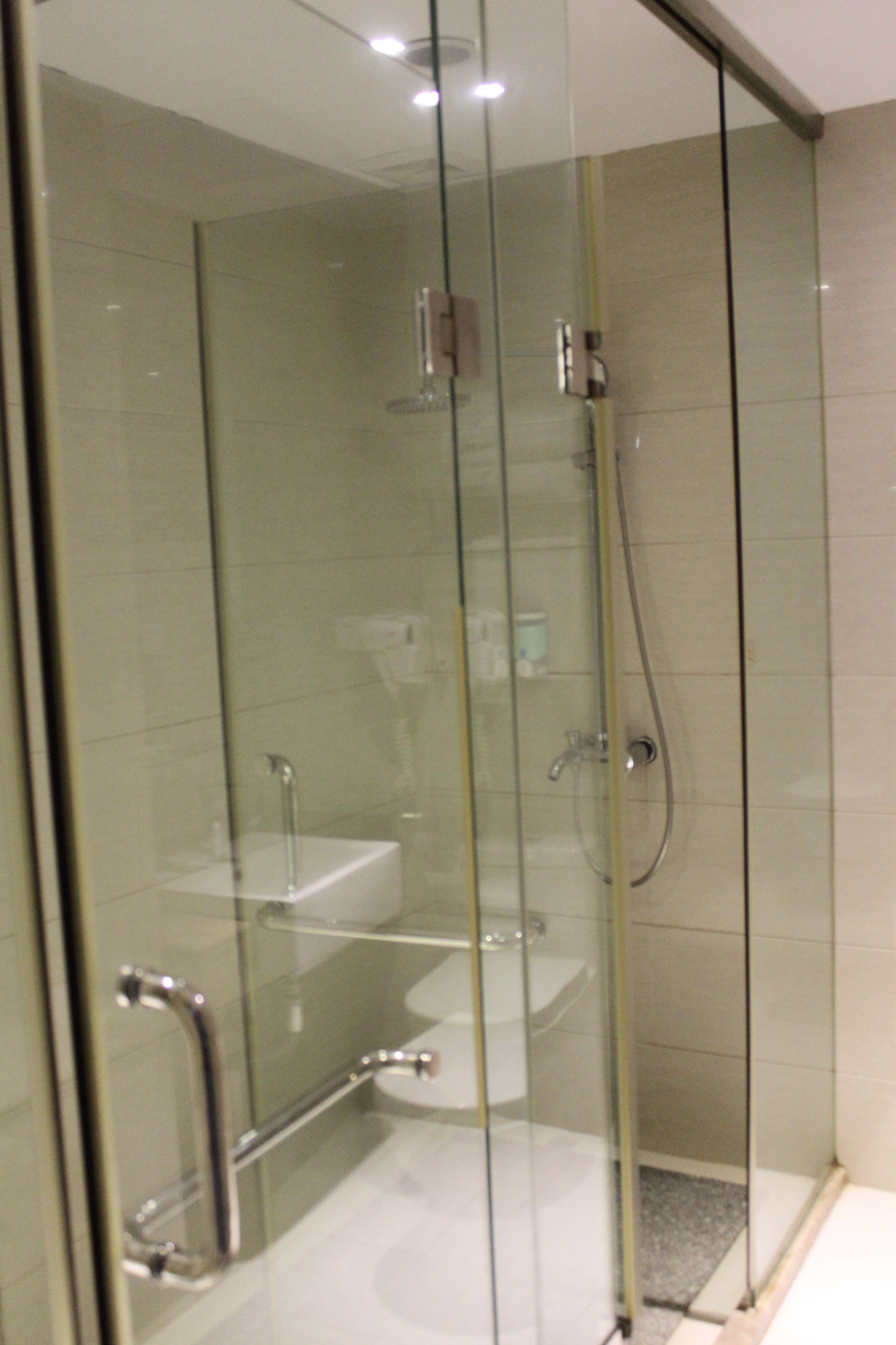 Un espace douche clos par des parois de verre, avec un lavabo blanc et une douchette à main.