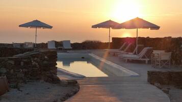 Seasonal outdoor pool, pool umbrellas, pool loungers