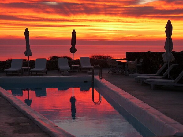 Seasonal outdoor pool, pool umbrellas, pool loungers
