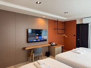 Desk, laptop workspace, blackout curtains, free WiFi